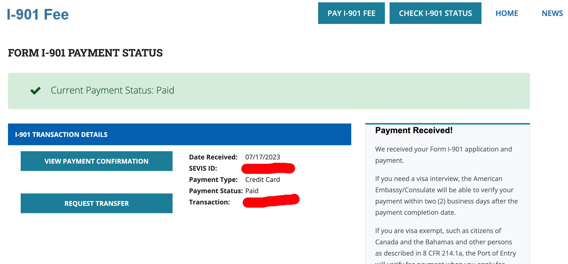 I-901 Status Check Result