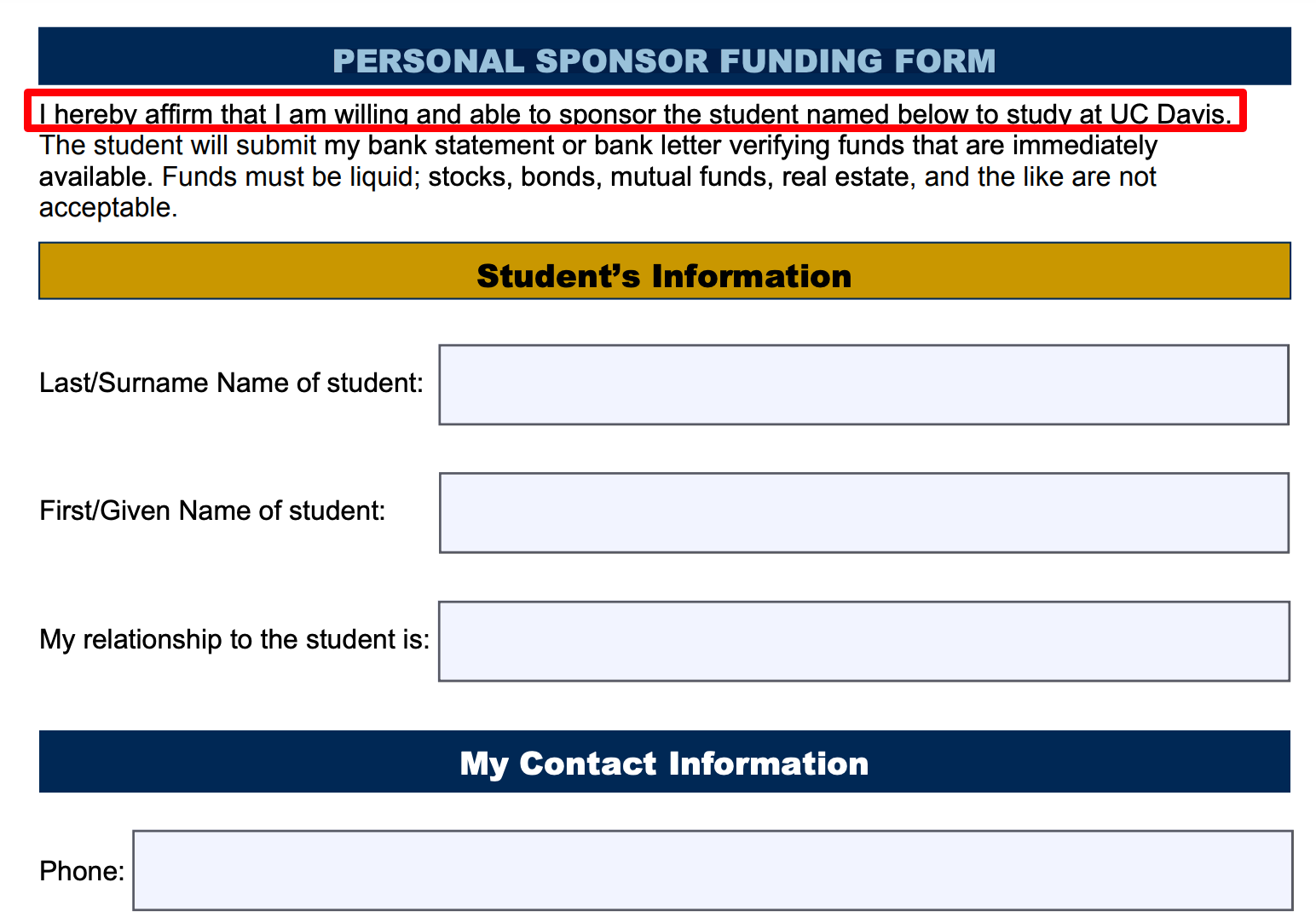 Personal Sponsor Funding Form